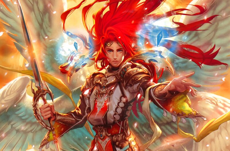 Red-haired Warrior with Sword — Red, Dramatic, Digital Art, Wings, Armor, Gold, White