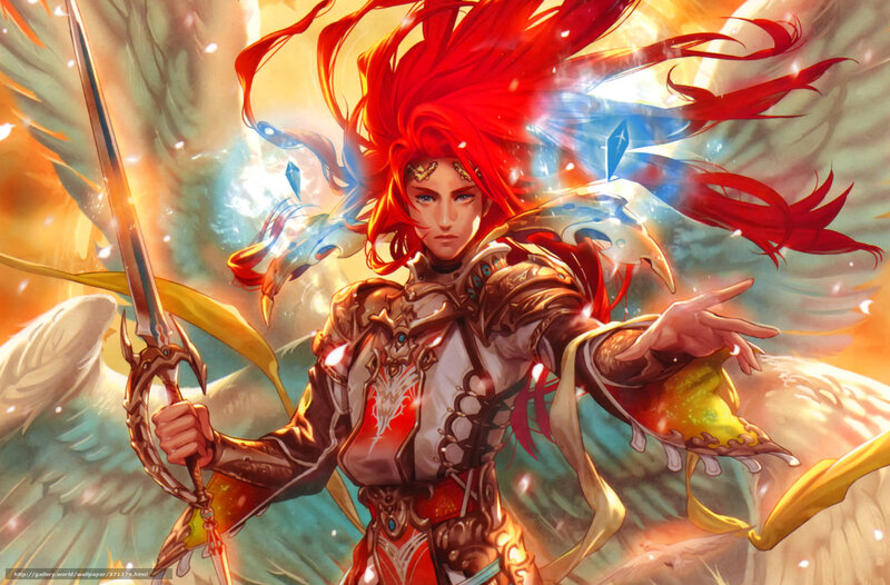 Red-haired Warrior with Sword — Red, Dramatic, Digital Art, Wings, Armor