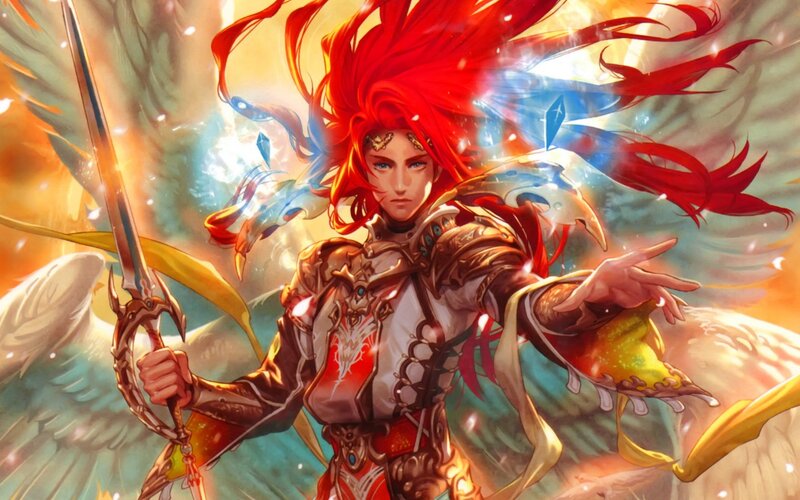 Red-haired Warrior with Sword — Red, Dramatic, Digital Art, Wings
