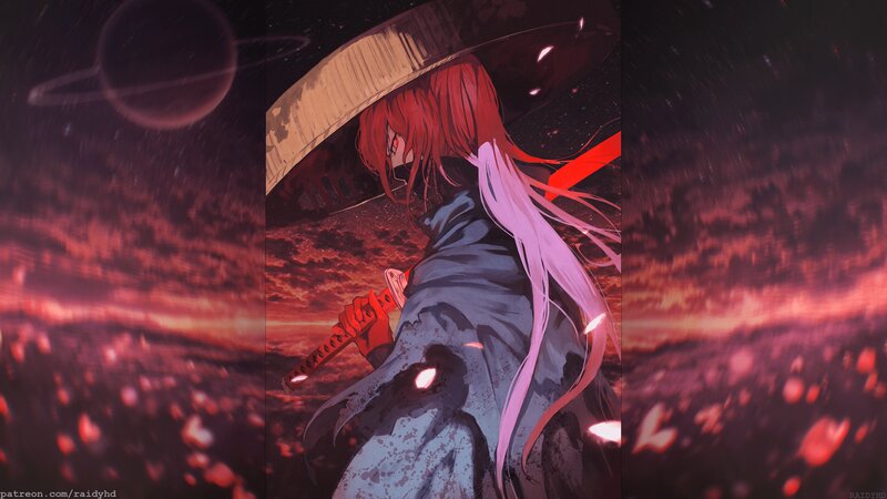 Red-haired Warrior with Sword — Red, Dramatic, Night, Anime, Hat