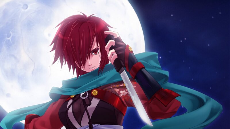 Red-haired Warrior with Sword — Red, Dramatic, Night, Anime, Moon
