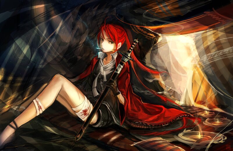 Red-haired Warrior with Sword — Red, Dramatic, Night