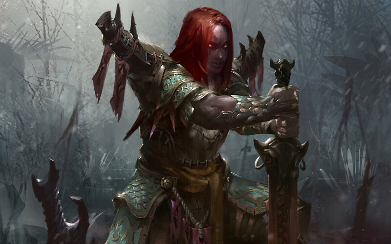 Red-haired Warrior with Sword — Red, Dramatic, Winter
