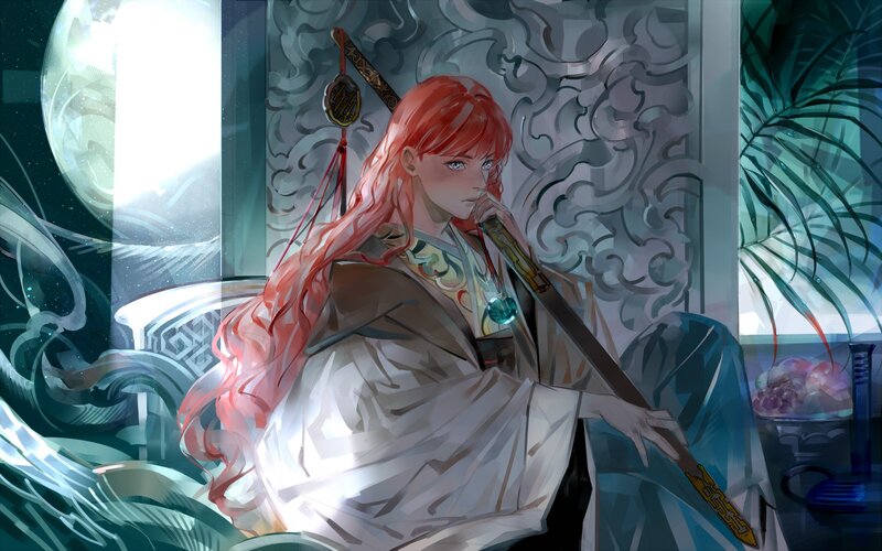 Red-haired Warrior with Sword — White, Dramatic, Night