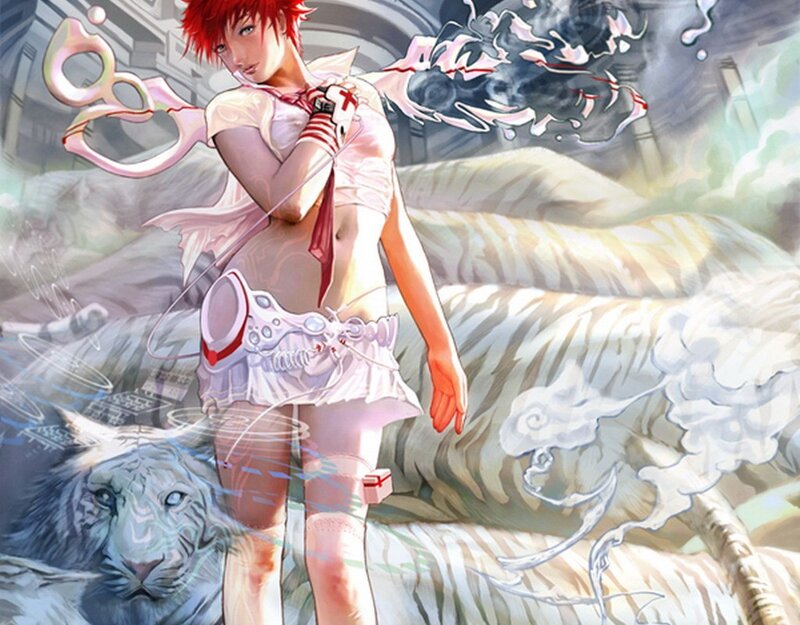 Red-haired warrior with tiger