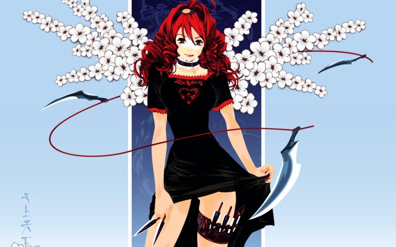 Red-haired warrior with weapons