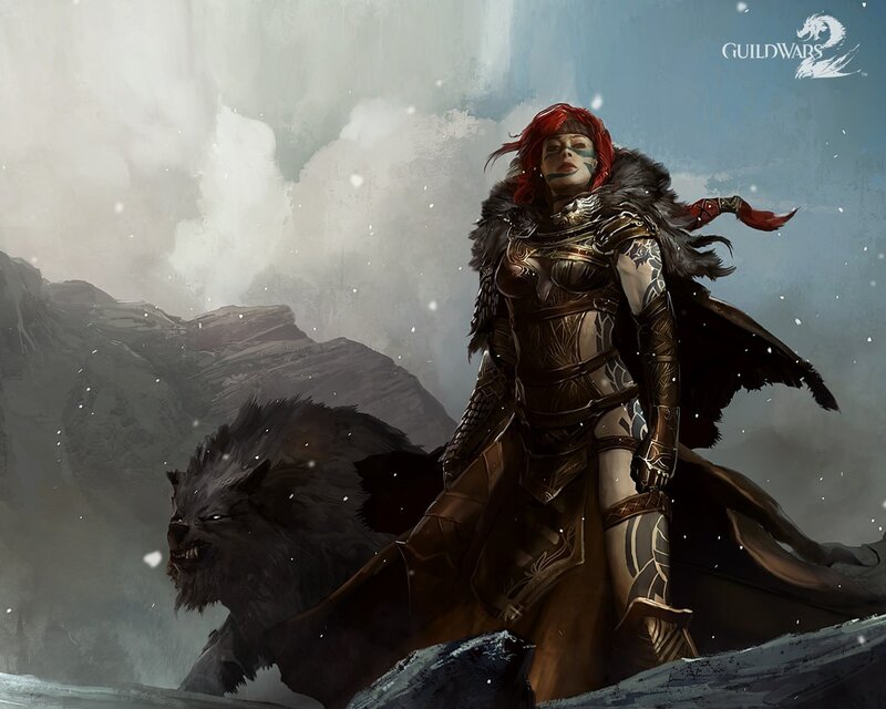 Red-haired Warrior with Wolf — Brown, Dramatic, Winter, Digital Art, Armor, Snow, Gray