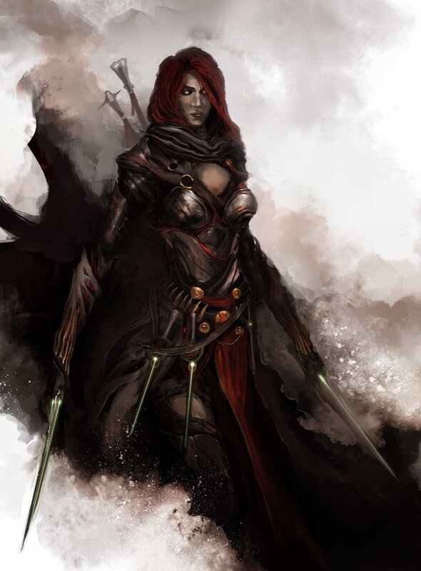Red-haired Warrior Woman — Black, Dramatic, Digital Art, Swords