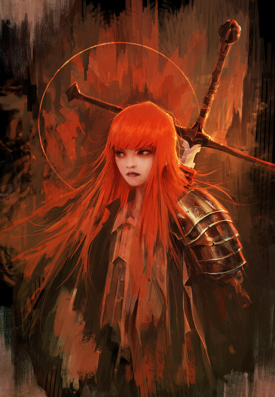 Red-haired Warrior Woman — Orange, Dramatic, Digital Art