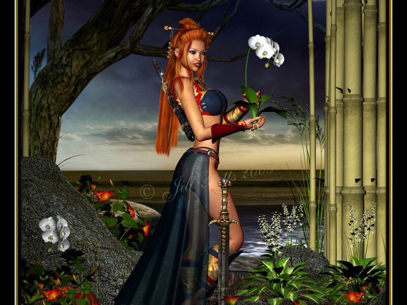 Red-haired Warrior Woman — Orange, Dramatic, Sunset, Digital Art
