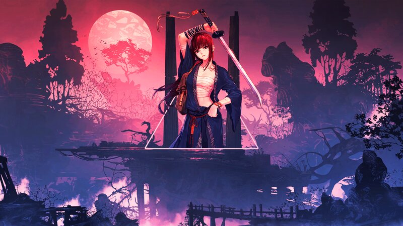 Red-haired Warrior Woman — Pink, Dramatic, Night