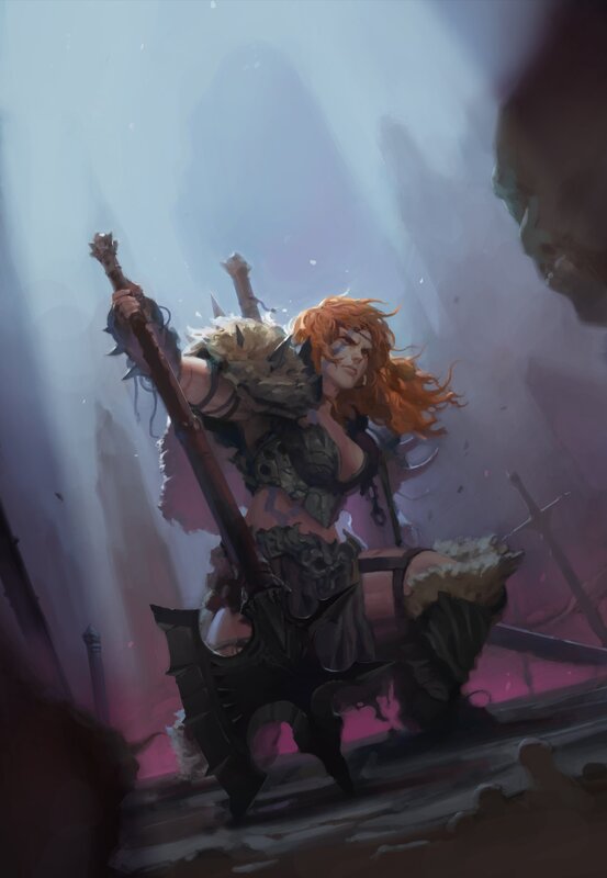 Red-haired Warrior Woman — Purple, Dramatic, Digital Art, Axe