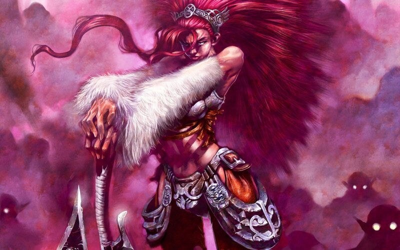 Red-haired Warrior Woman — Purple, Dramatic, Digital Art, Sword
