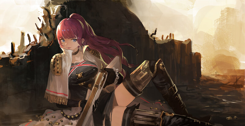 Red-haired Warrior Woman — Purple, Dramatic, Sunset, Digital Art, Gun