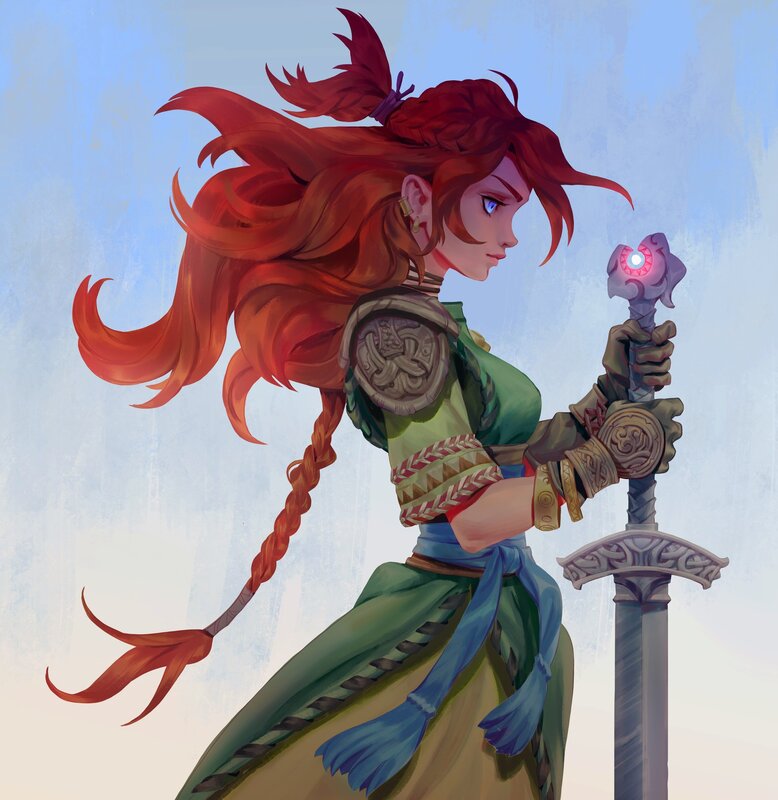Red-haired Warrior Woman — Red, Determined, Digital Art, Sword, Armor