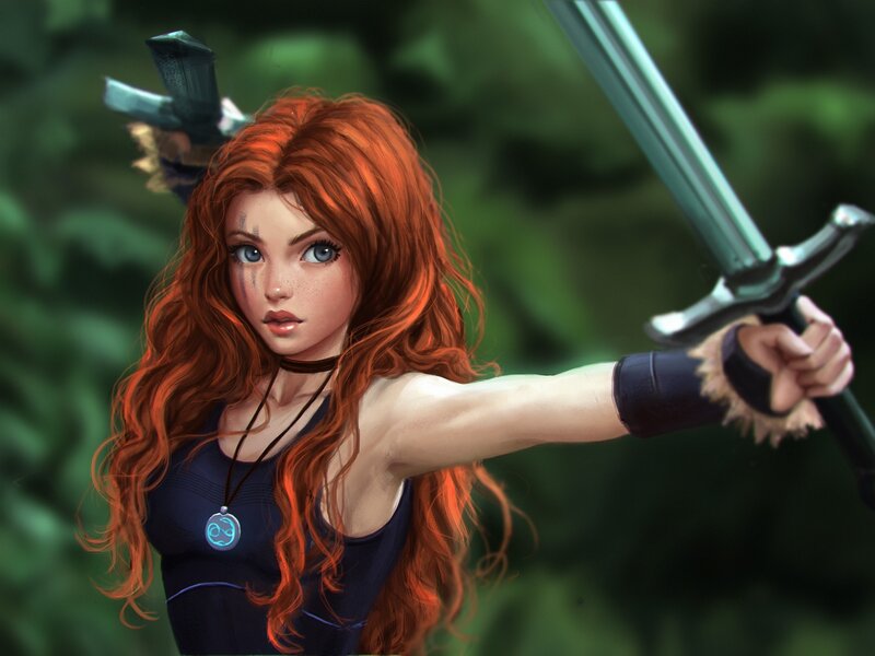 Red-haired Warrior Woman — Red, Determined, Digital Art