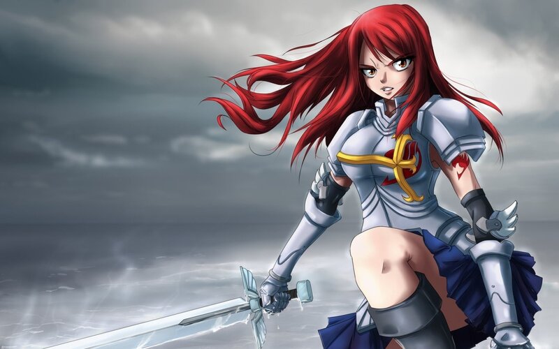 Red-haired Warrior Woman — Red, Dramatic, Anime, Sword, Armor, Cloudy Sky