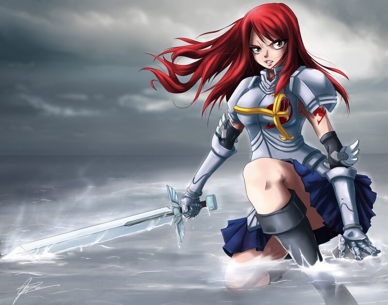 Red-haired Warrior Woman — Red, Dramatic, Anime, Sword, Armor, Ocean