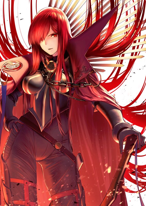 Red-haired Warrior Woman — Red, Dramatic, Anime, Sword, Cape, Chains