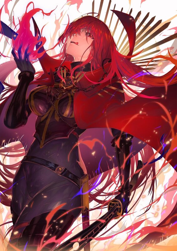 Red-haired Warrior Woman — Red, Dramatic, Anime, Sword, Cape, Fire