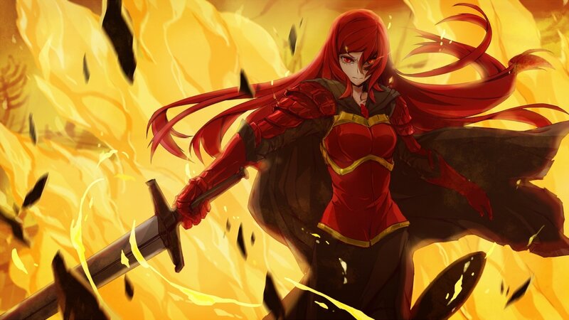 Red-haired Warrior Woman — Red, Dramatic, Anime, Sword, Fire