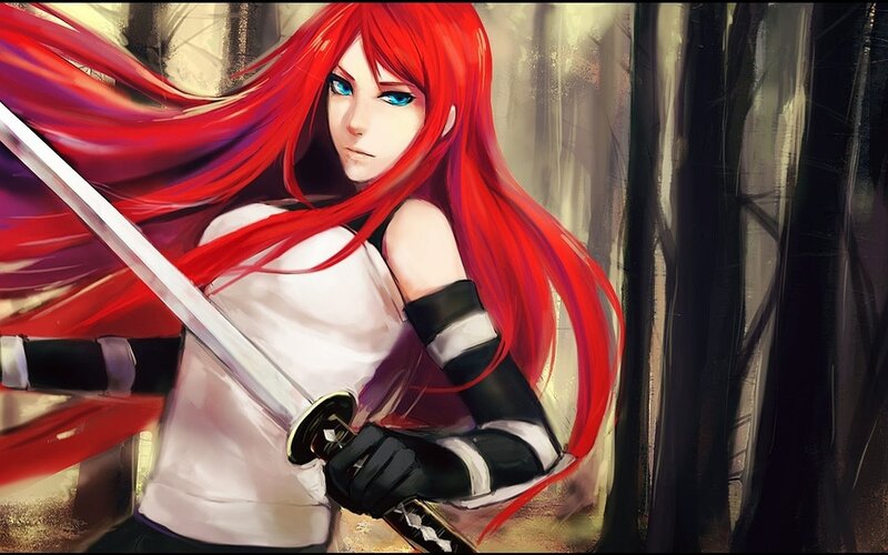 Red-haired Warrior Woman — Red, Dramatic, Anime, Sword, Forest