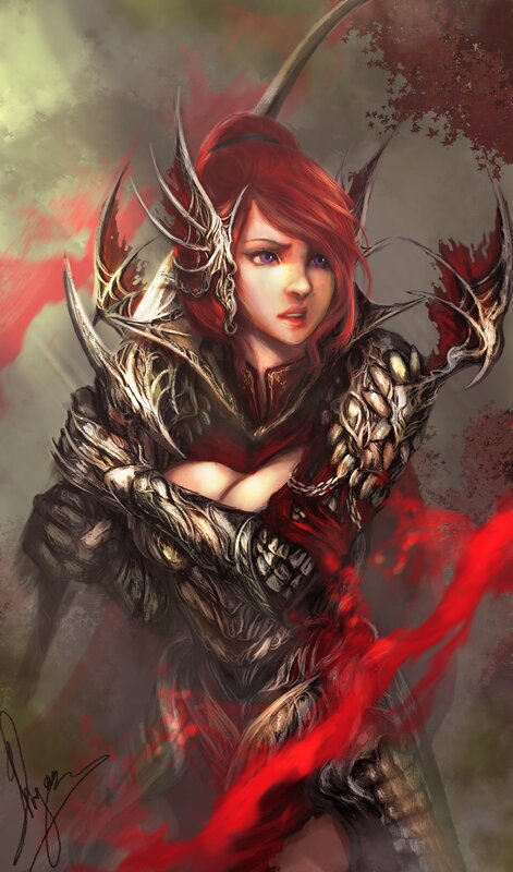 Red-haired Warrior Woman — Red, Dramatic, Digital Art, Armor, Sword