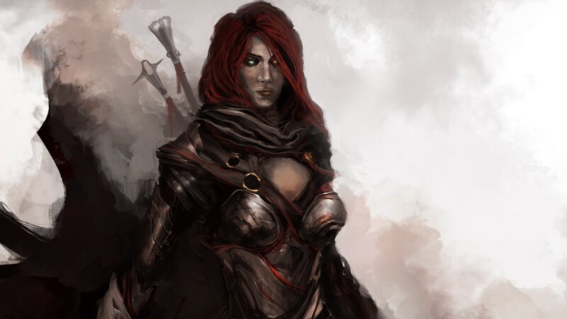 Red-haired Warrior Woman — Red, Dramatic, Digital Art, Armor, Weapons