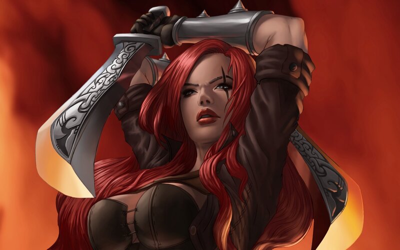 Red-haired Warrior Woman — Red, Dramatic, Digital Art, Axe, Fire