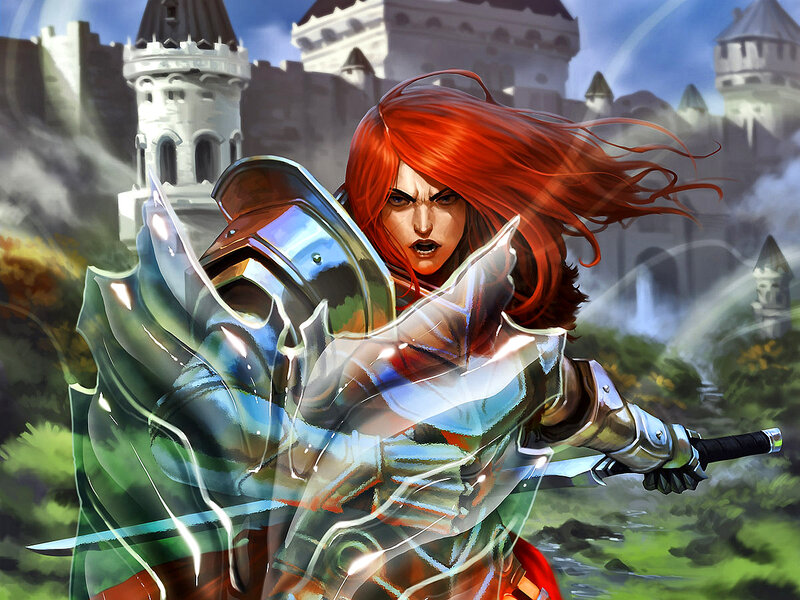 Red-haired Warrior Woman — Red, Dramatic, Digital Art, Castle