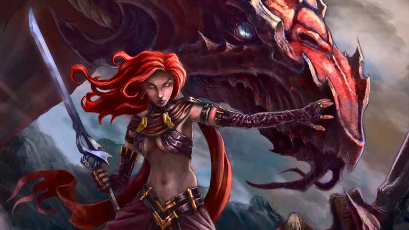 Red-haired Warrior Woman — Red, Dramatic, Digital Art, Dragon, Sword, Cape