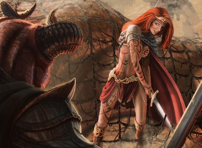Red-haired Warrior Woman — Red, Dramatic, Digital Art, Dragon, Sword