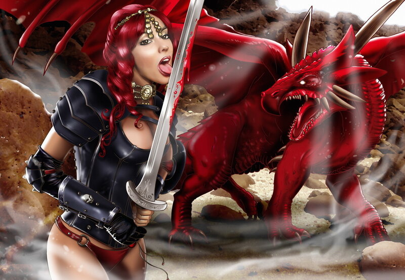 Red-haired Warrior Woman — Red, Dramatic, Digital Art, Dragon