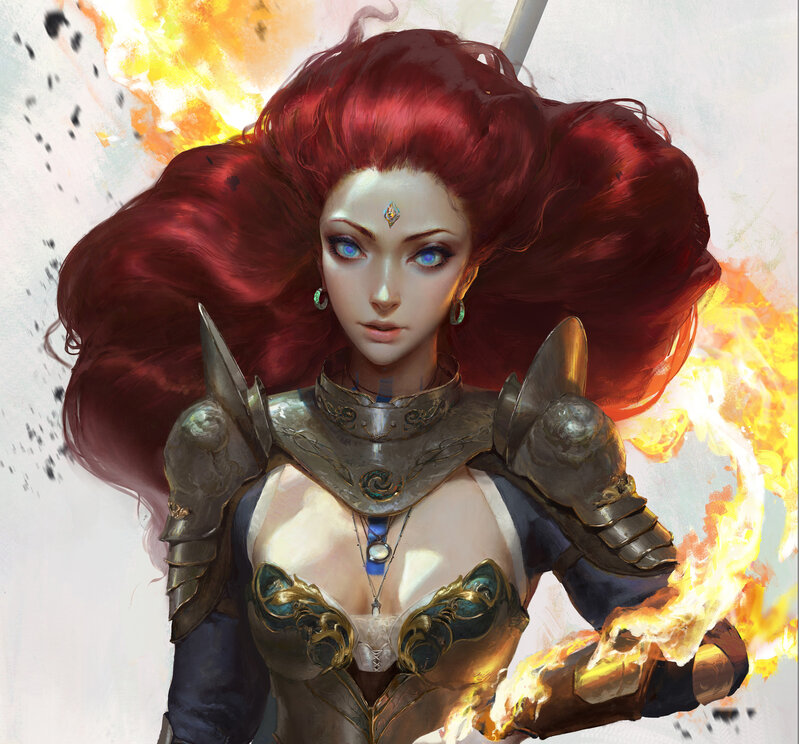 Red-haired Warrior Woman — Red, Dramatic, Digital Art, Fire