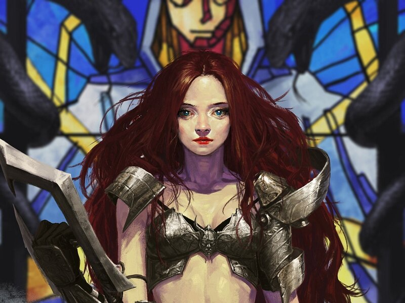 Red-haired Warrior Woman — Red, Dramatic, Digital Art, Stained Glass