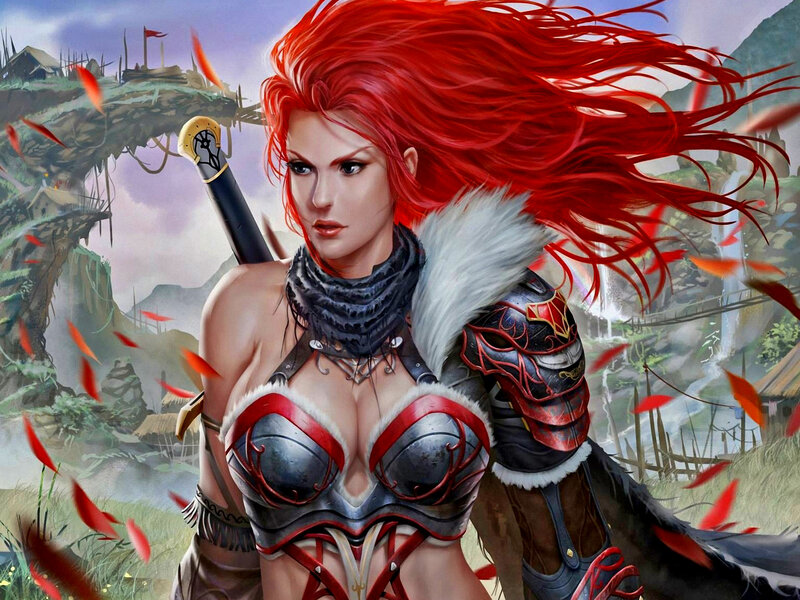Red-haired Warrior Woman — Red, Dramatic, Digital Art, Sword, Armor, Fallen Leaves