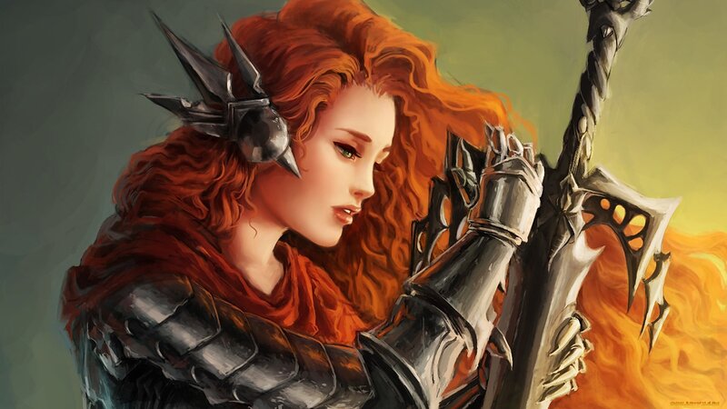 Red-haired Warrior Woman — Red, Dramatic, Digital Art, Sword, Armor, Fire