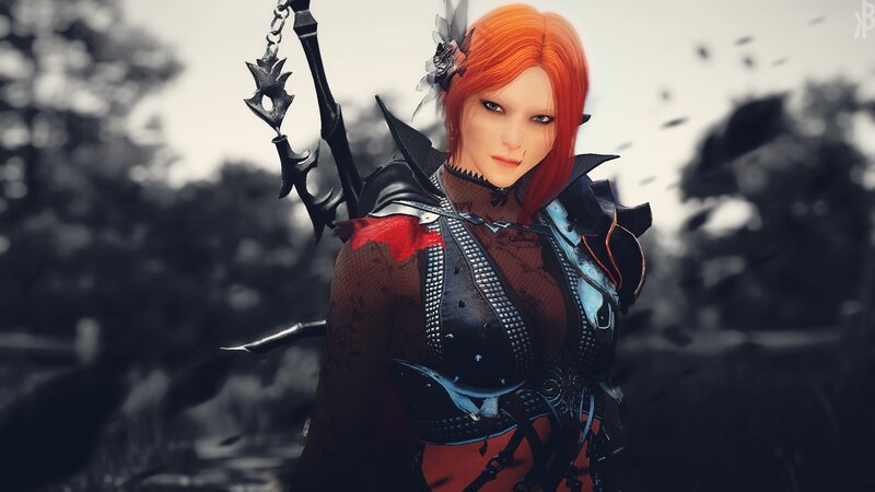 Red-haired Warrior Woman — Red, Dramatic, Digital Art, Sword, Armor, Trees