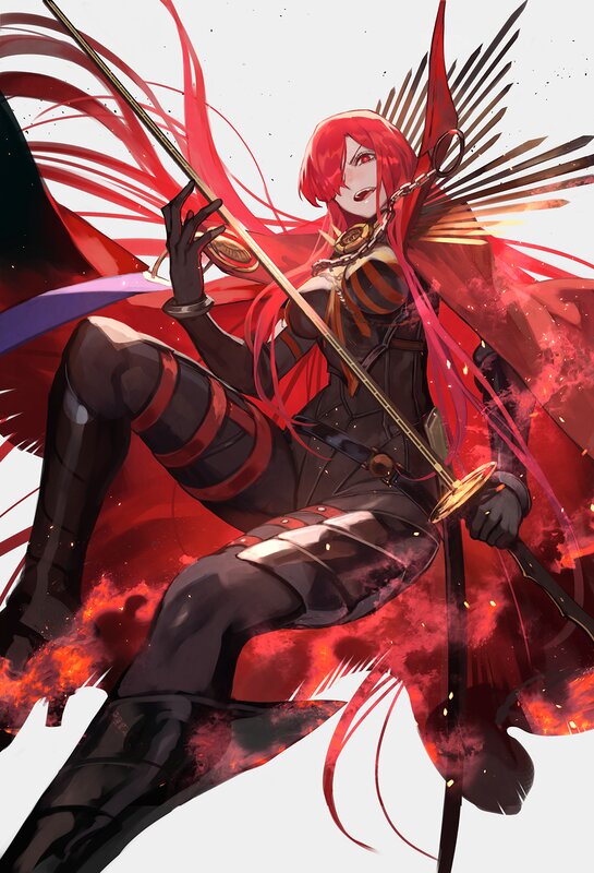 Red-haired Warrior Woman — Red, Dramatic, Digital Art, Sword, Cape, Fire