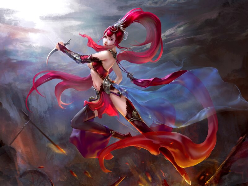 Red-haired Warrior Woman — Red, Dramatic, Digital Art, Sword, Cape