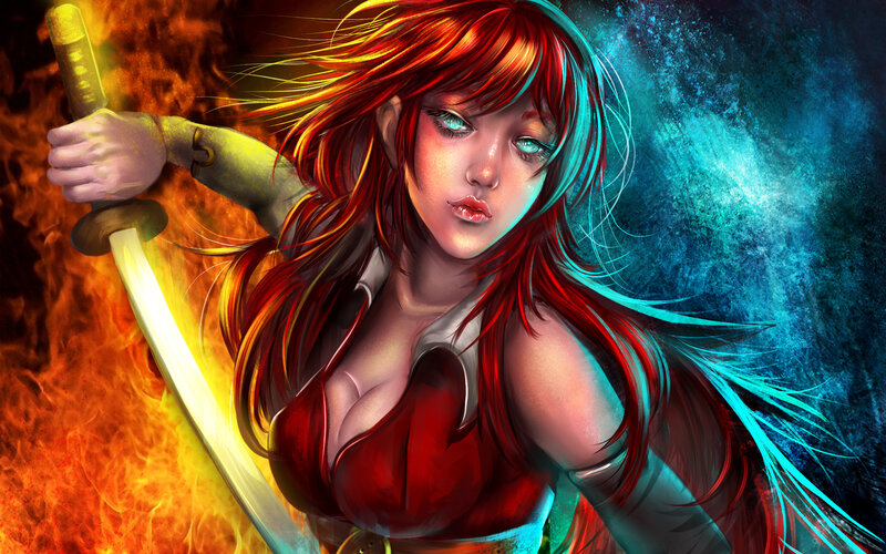 Red-haired Warrior Woman — Red, Dramatic, Digital Art, Sword, Fire