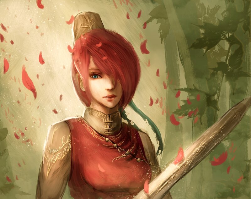 Red-haired Warrior Woman — Red, Dramatic, Digital Art, Sword, Petals