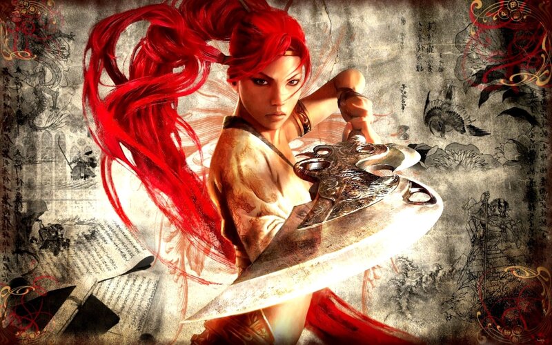 Red-haired Warrior Woman — Red, Dramatic, Digital Art, Sword, Tattoos