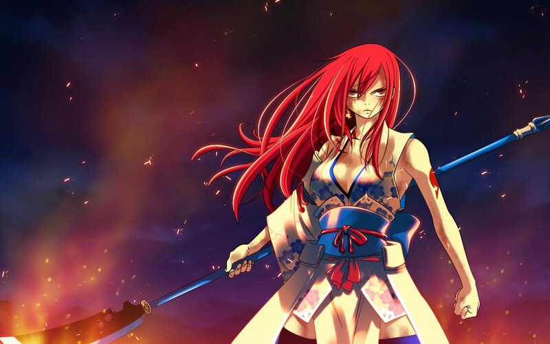 Red-haired Warrior Woman — Red, Dramatic, Night, Anime, Sword, Fire