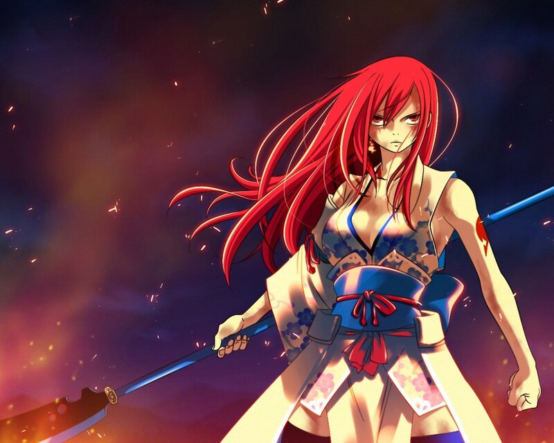 Red-haired Warrior Woman — Red, Dramatic, Night, Anime, Sword, Kimono