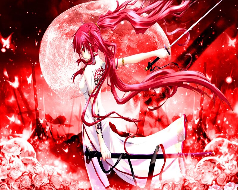 Red-haired Warrior Woman — Red, Dramatic, Night, Anime, Sword