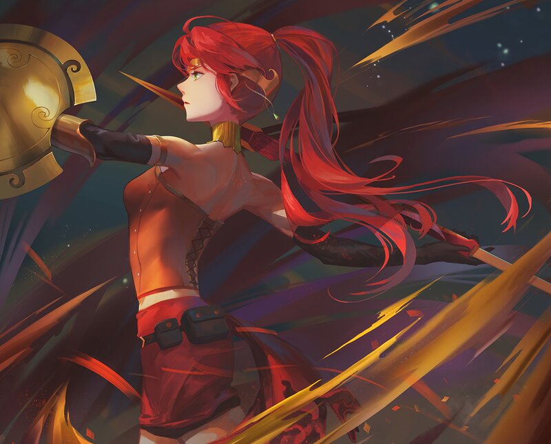 Red-haired Warrior Woman — Red, Dramatic, Night, Digital Art, Sword, Shield