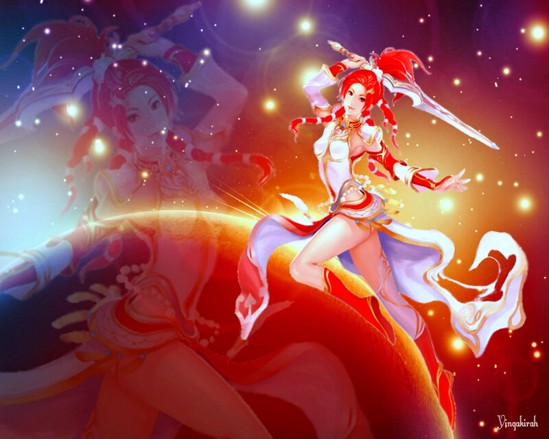 Red-haired Warrior Woman — Red, Dramatic, Night, Digital Art, Sword, Starfield