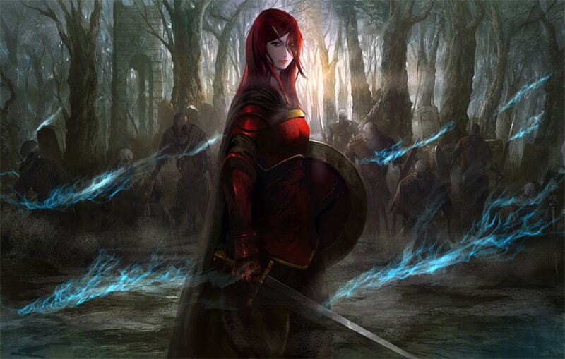 Red-haired Warrior Woman — Red, Dramatic, Night, Digital Art, Zombies
