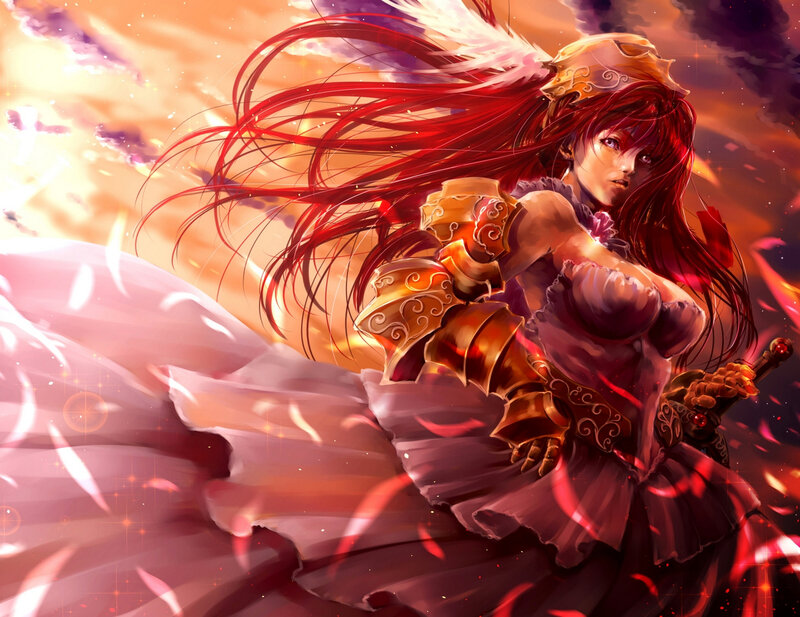 Red-haired Warrior Woman — Red, Dramatic, Sunset, Digital Art, Sword, Armor